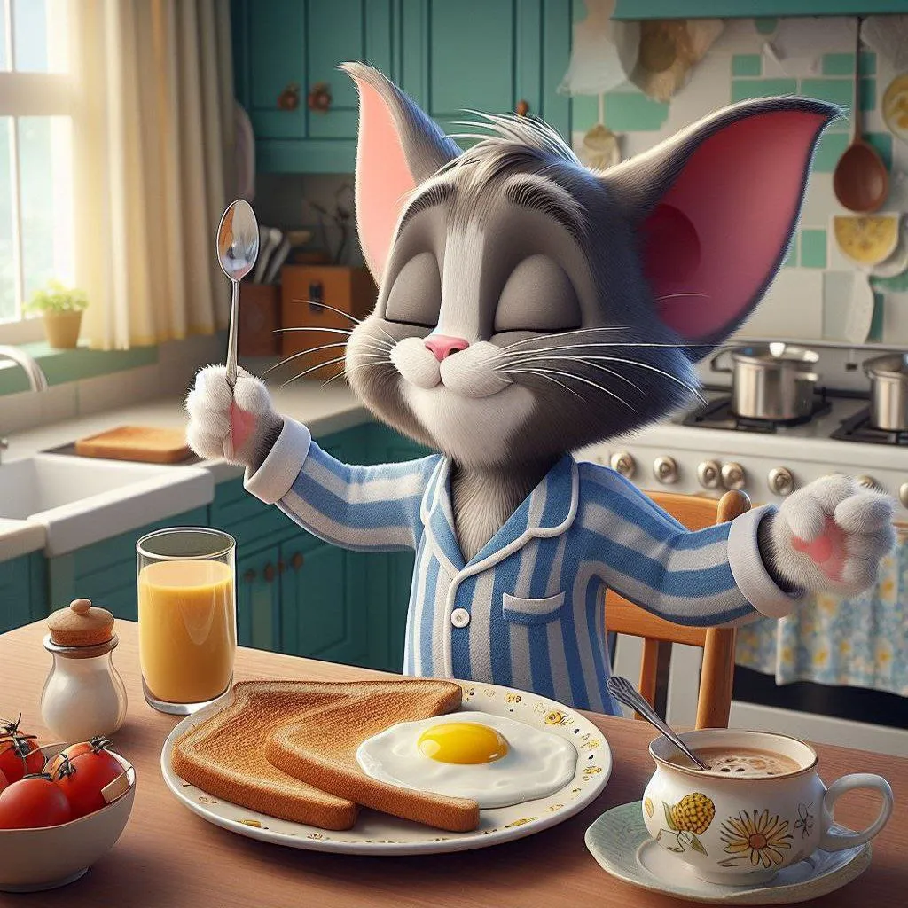 a cartoon character is eating breakfast at the kitchen table