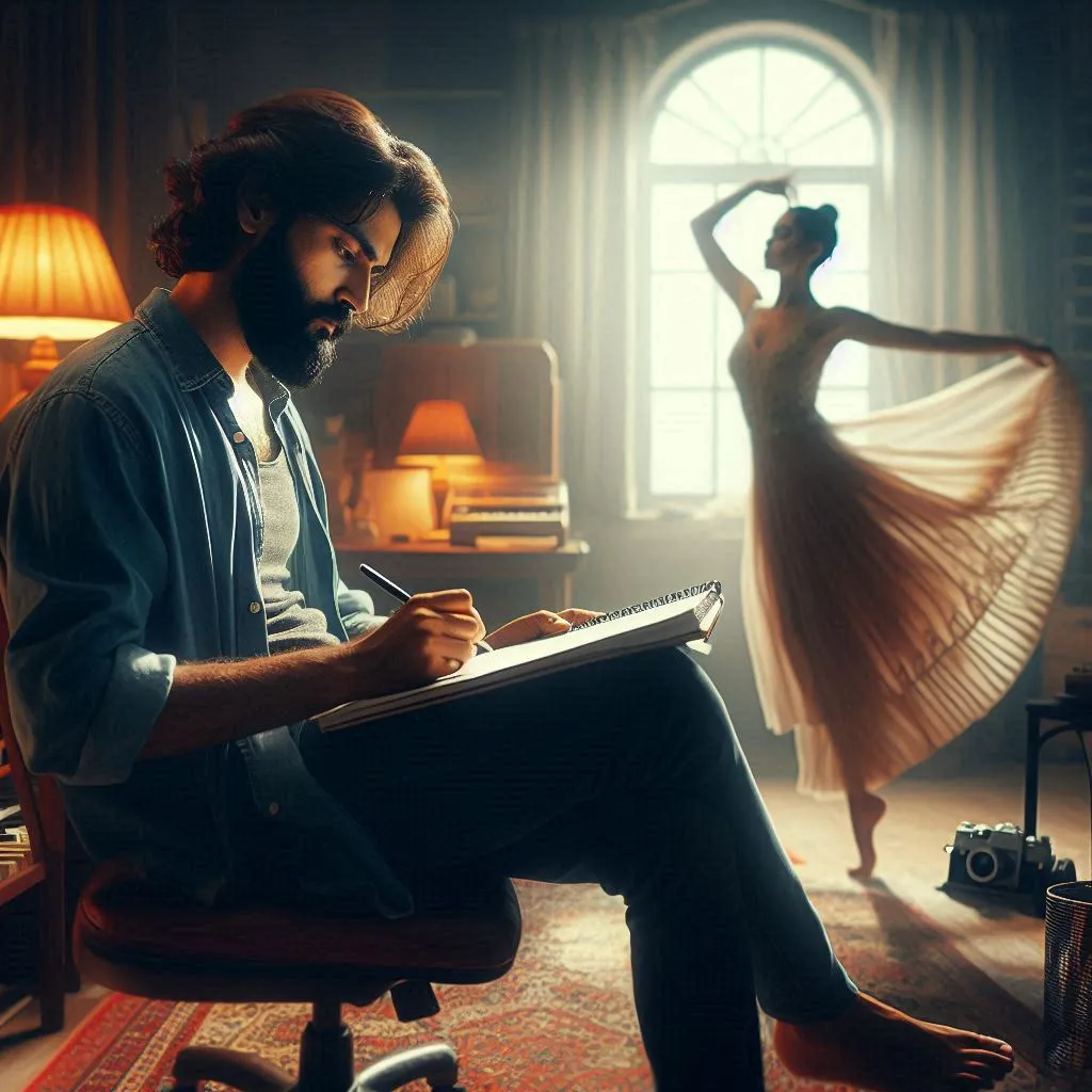 A quick montage of images of the two protagonists, he sitting on a chair writing lyrics and she dancing in the room, both immersed in their art.