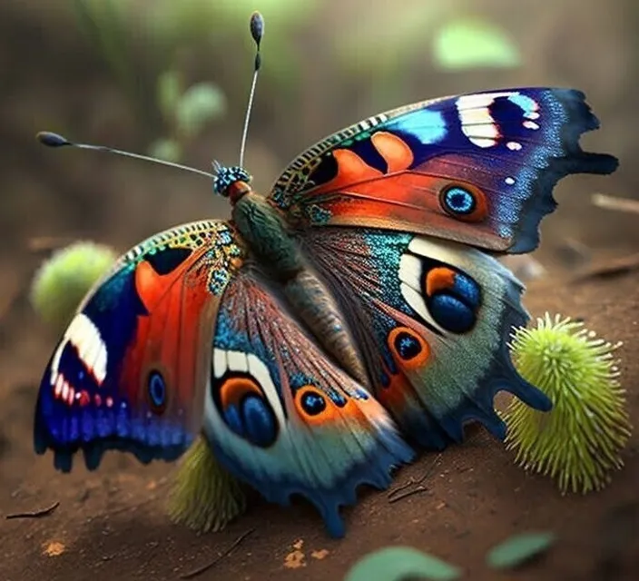 a colorful butterfly sitting on top of a green plant  Only the movement of the wings