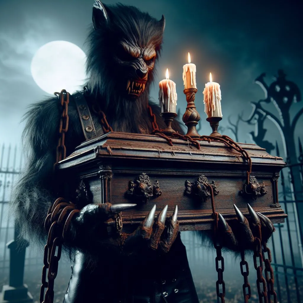 werewolf, holding a coffin with three candles, chains around his waist and hands, misty night