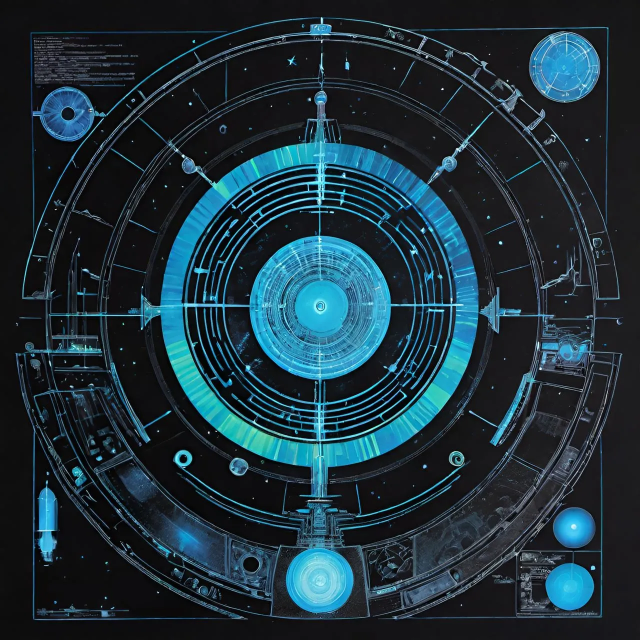 a poster of a circular structure with blue lights