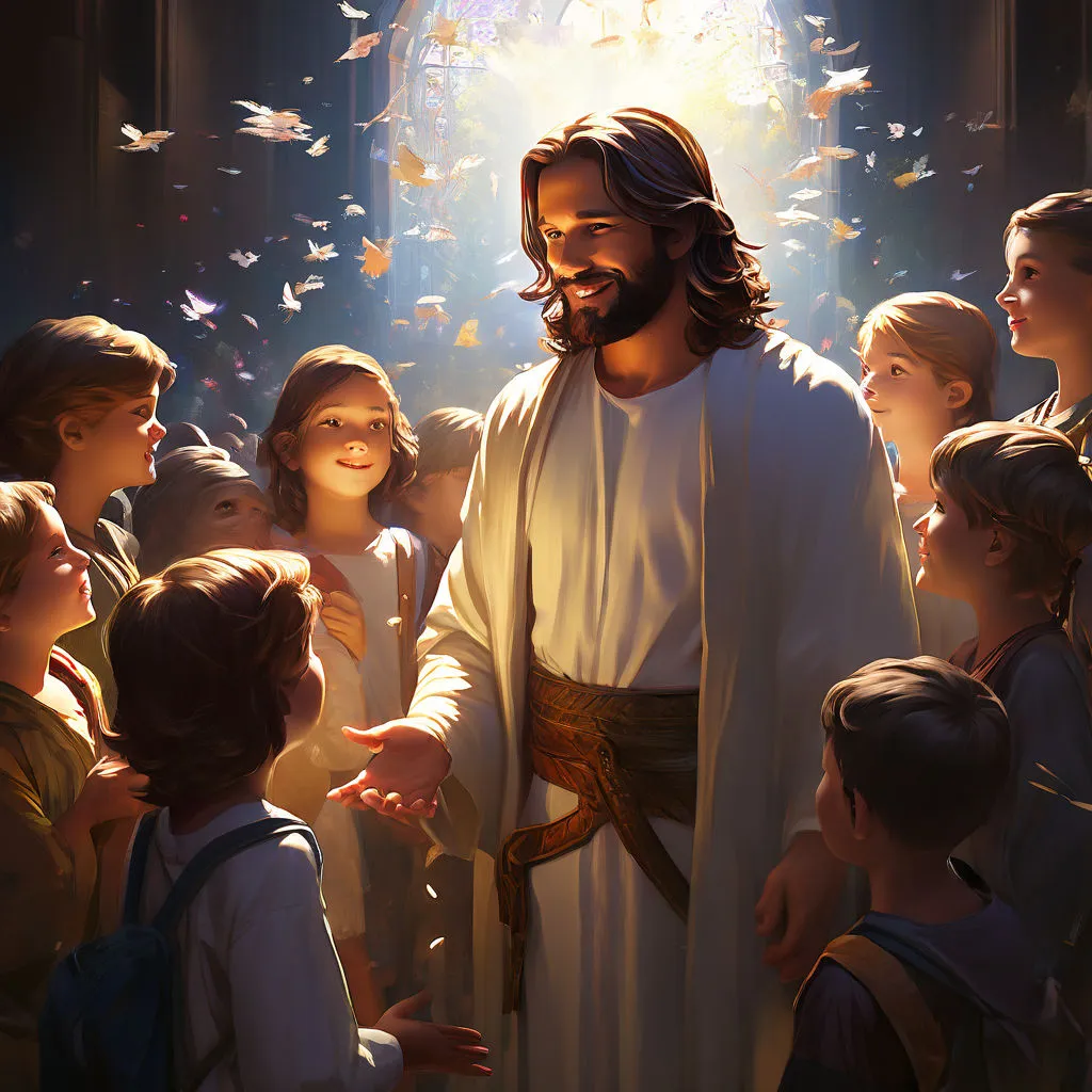 a painting of jesus surrounded by children