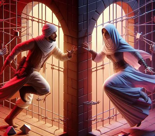 a painting of two people in a jail cell