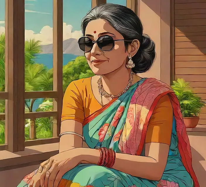 a painting of a woman sitting on a porch, talking to camera