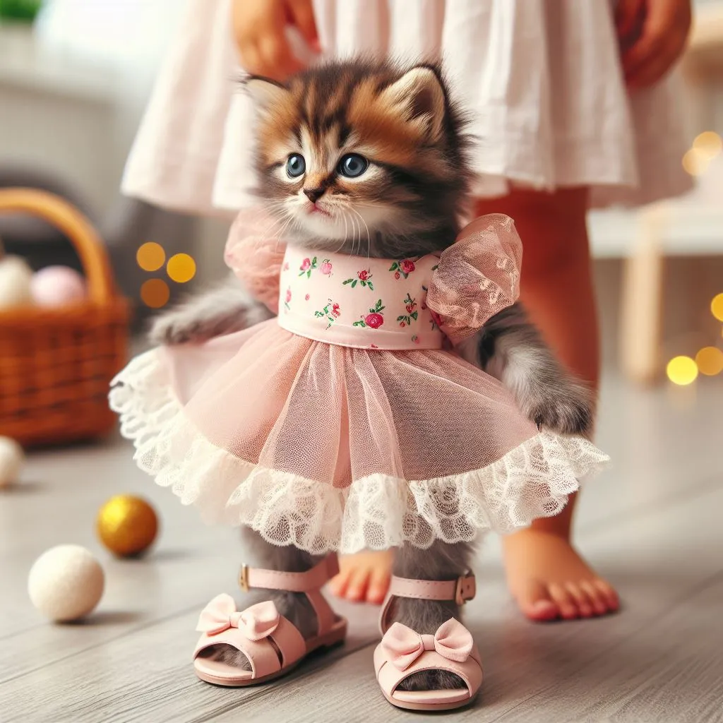 a small kitten dressed in a pink dress