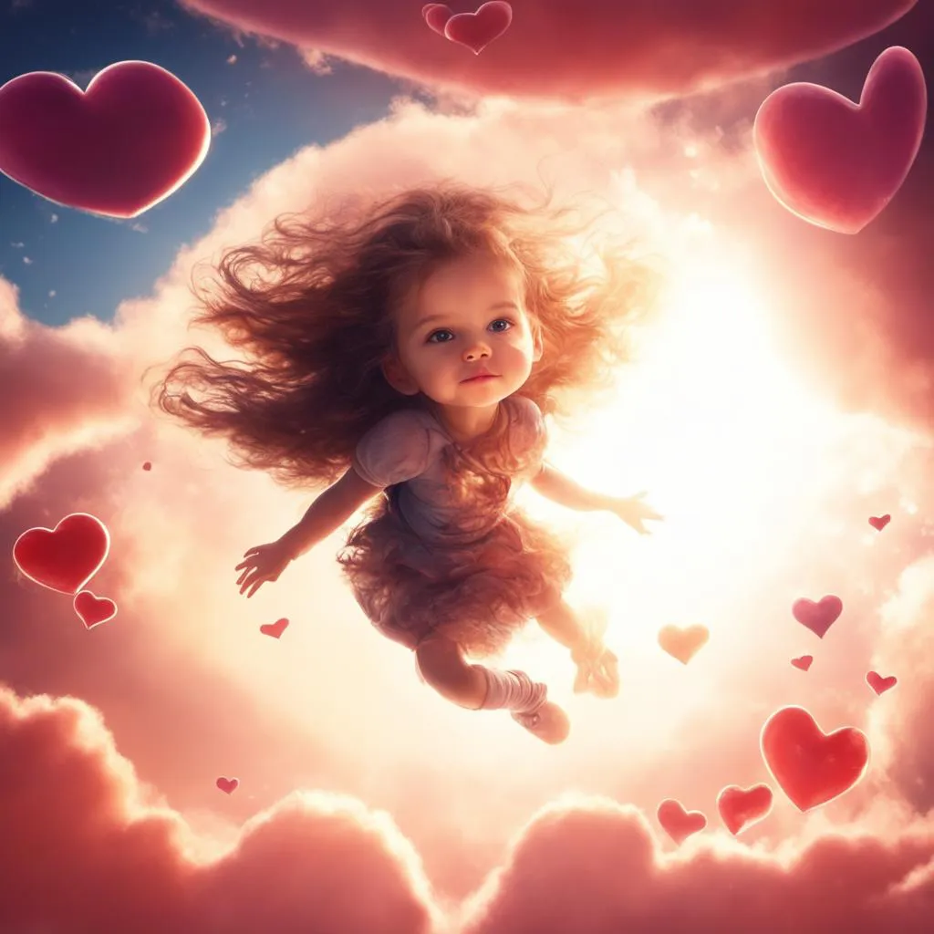 a little girl floating in the air surrounded by hearts