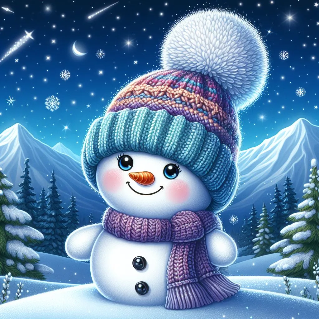 a snowman wearing a knitted hat and scarf