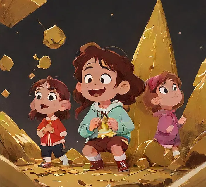 a group of children standing on top of a pile of gold