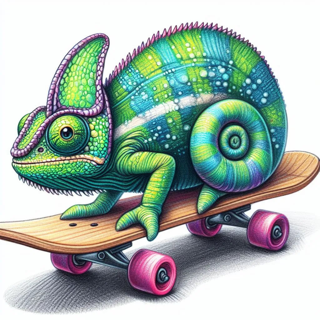 a drawing of a chamelon on a skateboard