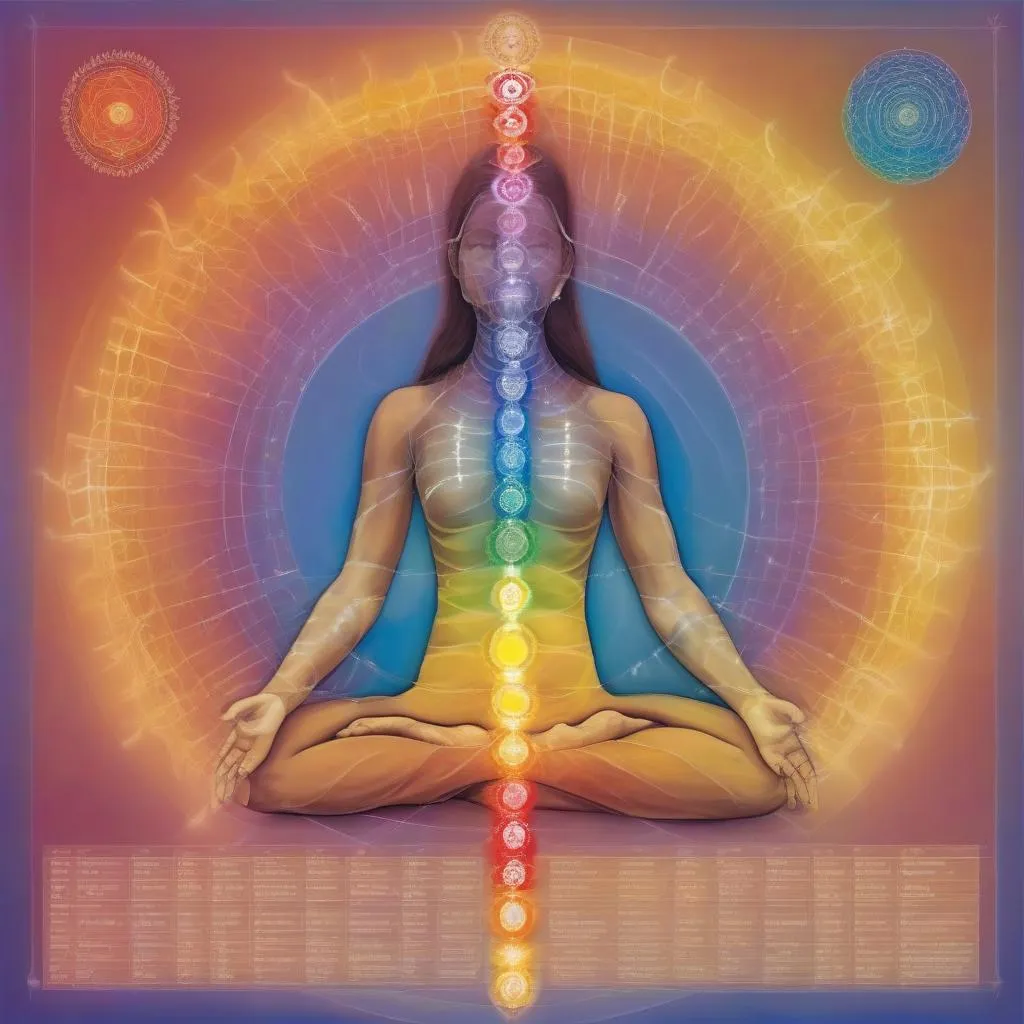 a woman sitting in a lotus position with seven chakras