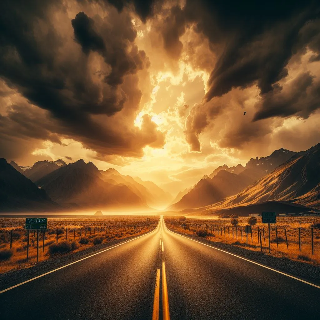 A long stretch of road with ominous storm clouds and fiery sunset illuminating mountains in the distance