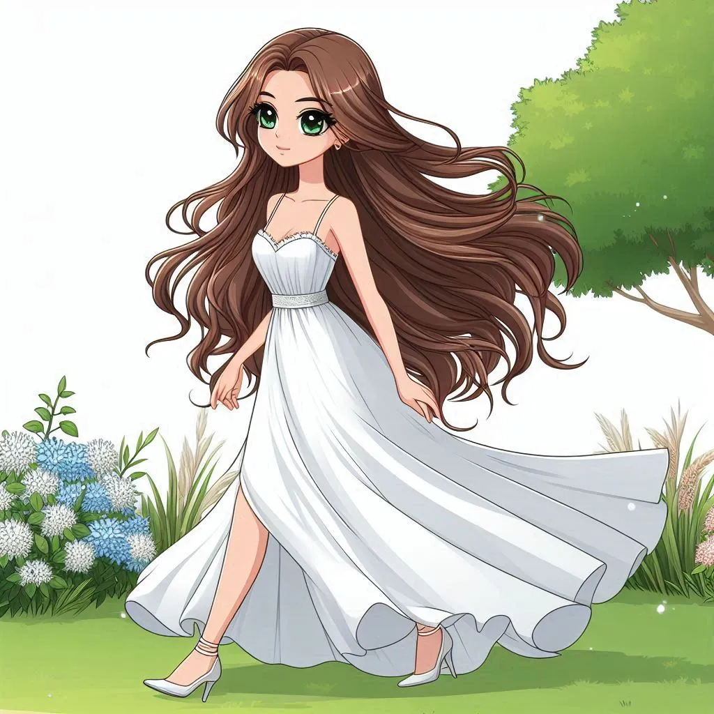 a woman in a white dress is walking in the grass 3D animation cartoon 