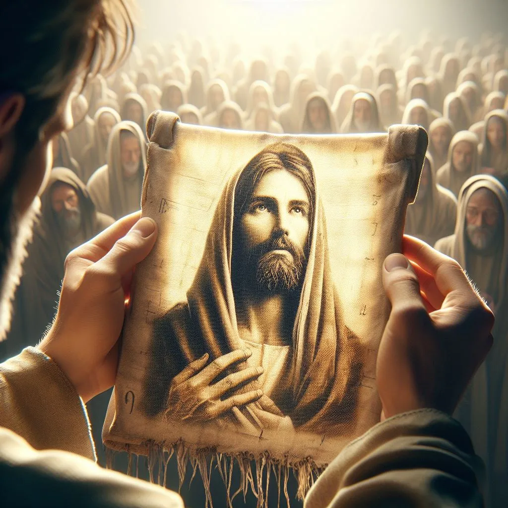 a man holding a picture of jesus in front of a crowd of people