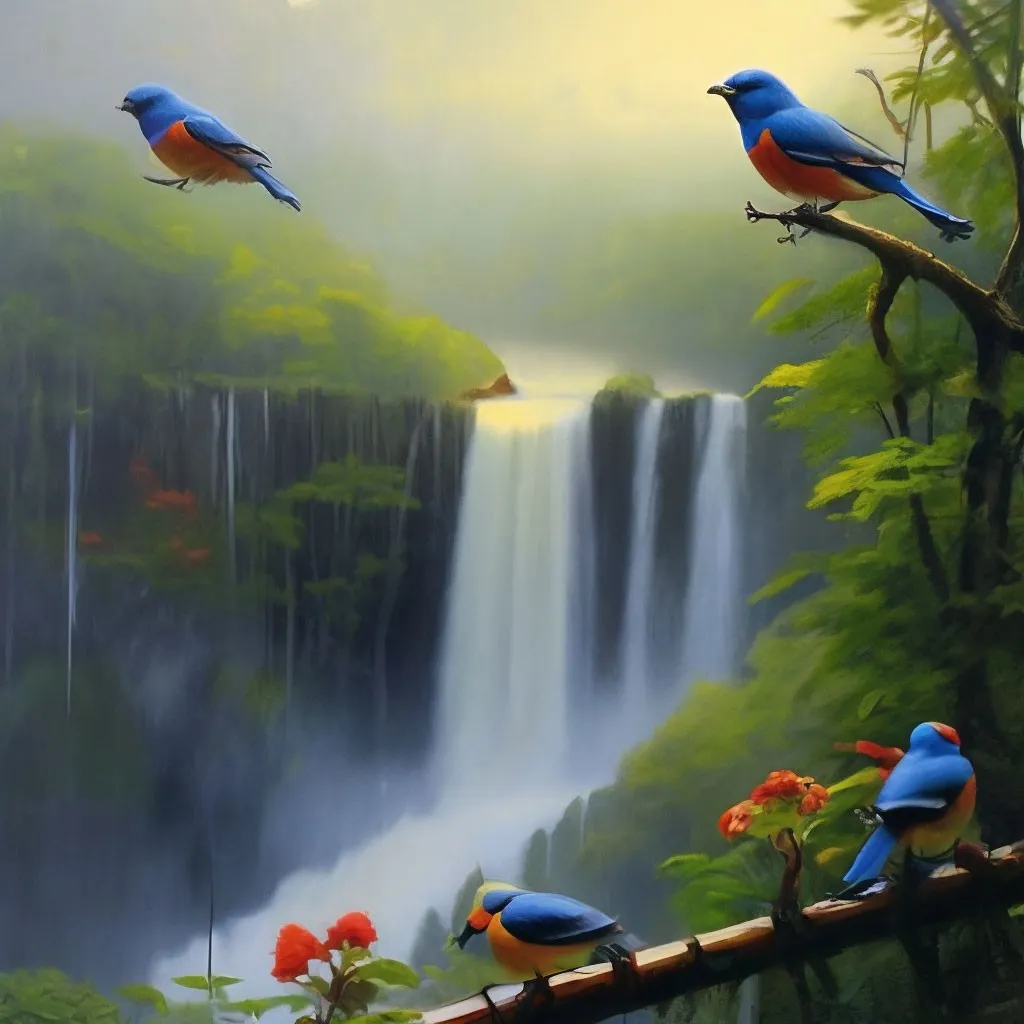 a painting of birds sitting on a branch in front of a waterfall