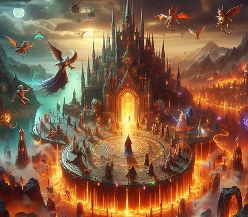 a painting of a fantasy castle surrounded by fire