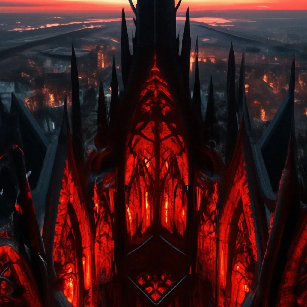 a large cathedral lit up with red lights