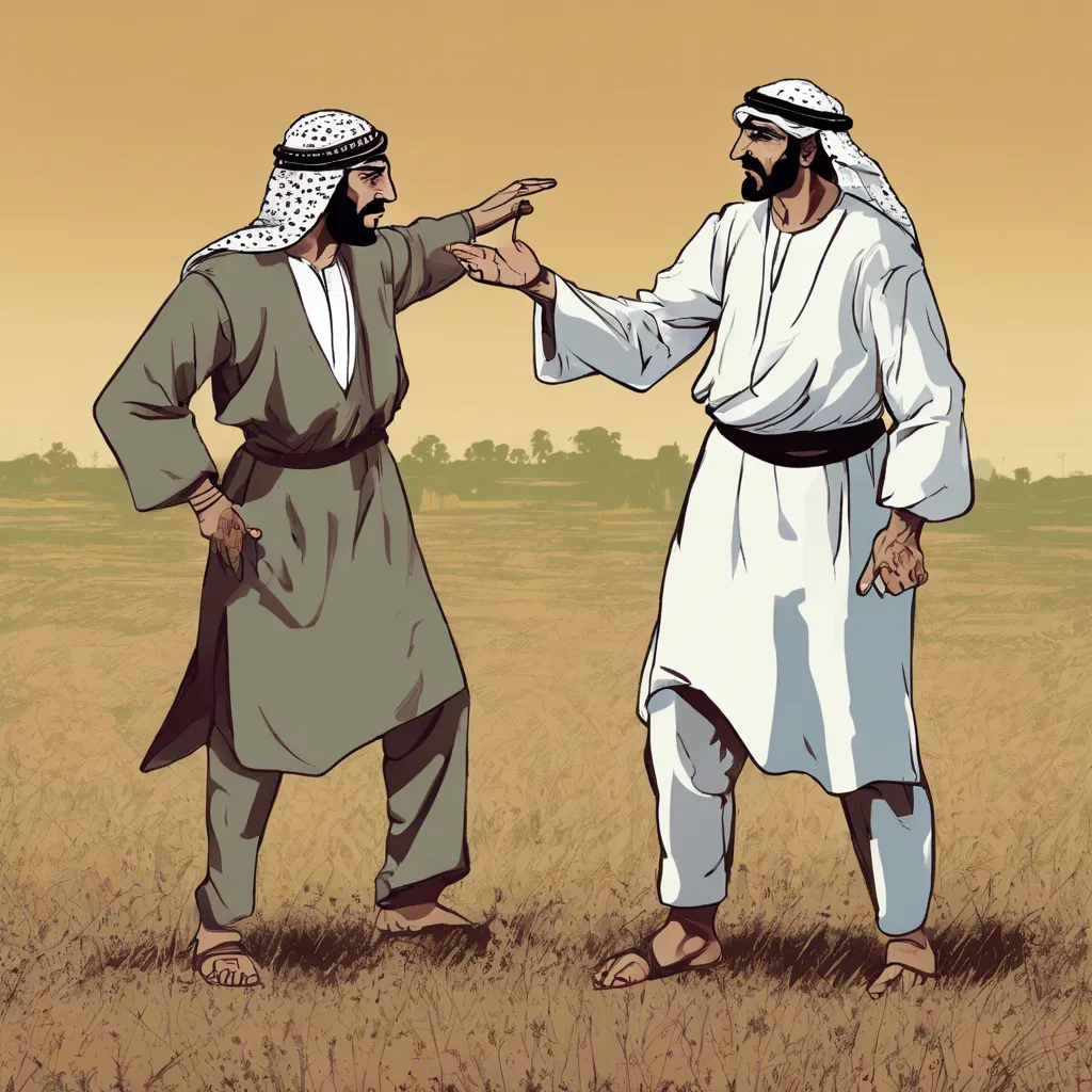 two men standing in a field pointing at each other