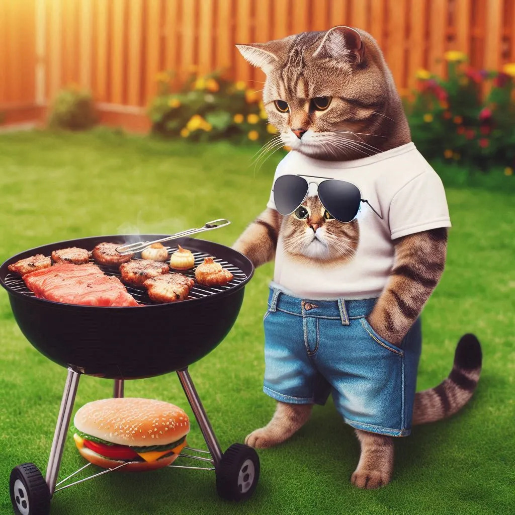 a cat wearing sunglasses standing next to a grill