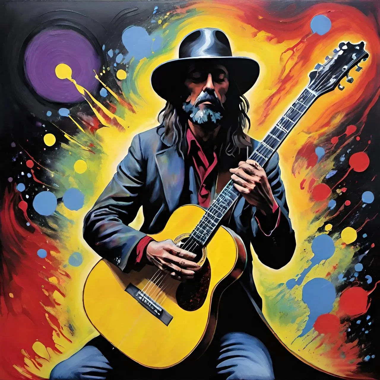 a painting of a man with a guitar