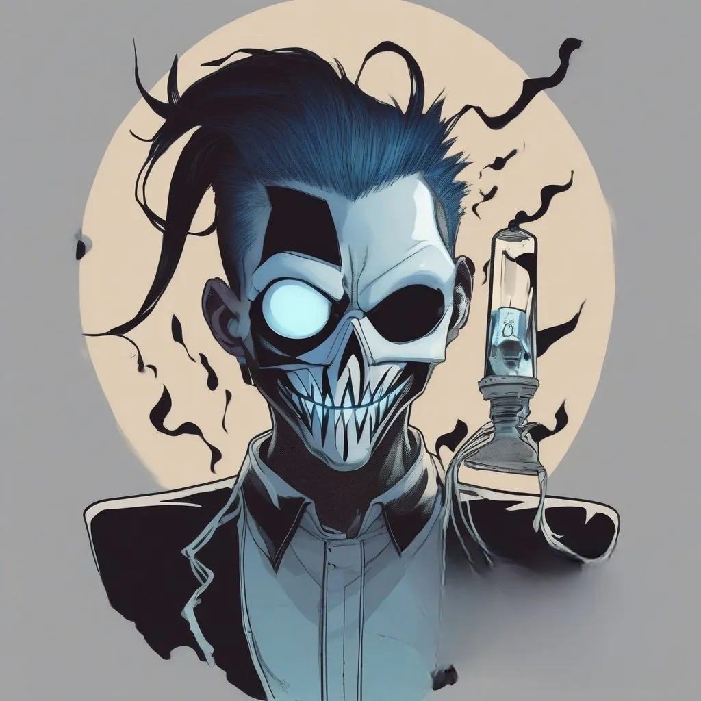 a skeleton holding a bottle of booze in front of a full moon