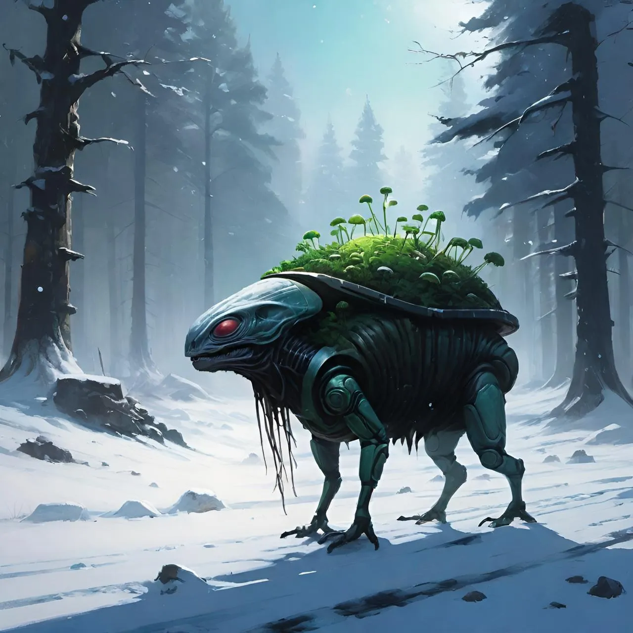 a strange creature in the middle of a snowy forest