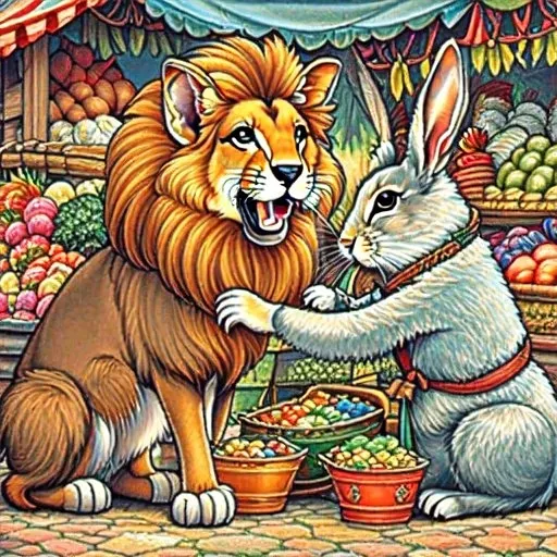 a painting of a lion and a rabbit friendly talking 