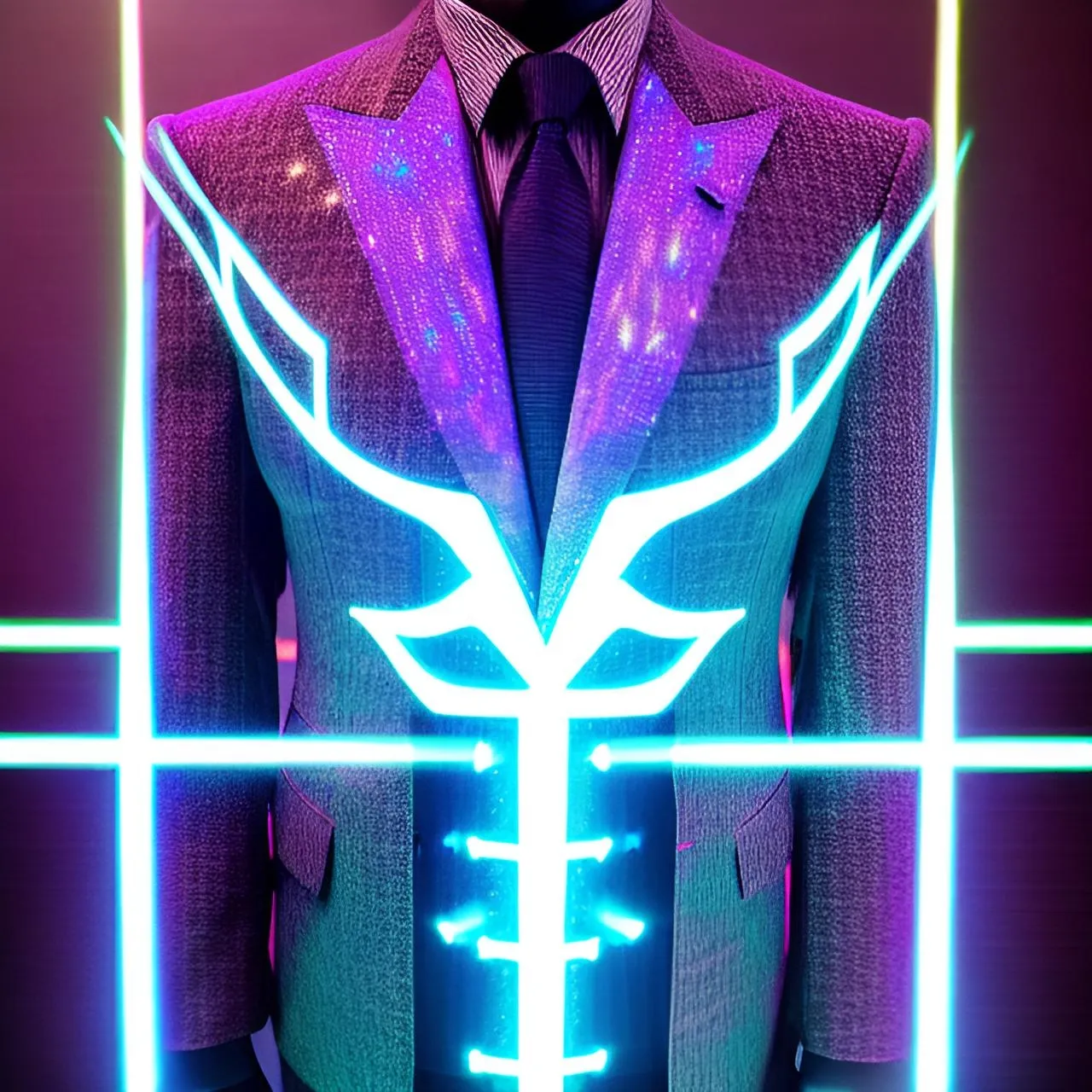 a man in a suit and tie standing in front of neon lights