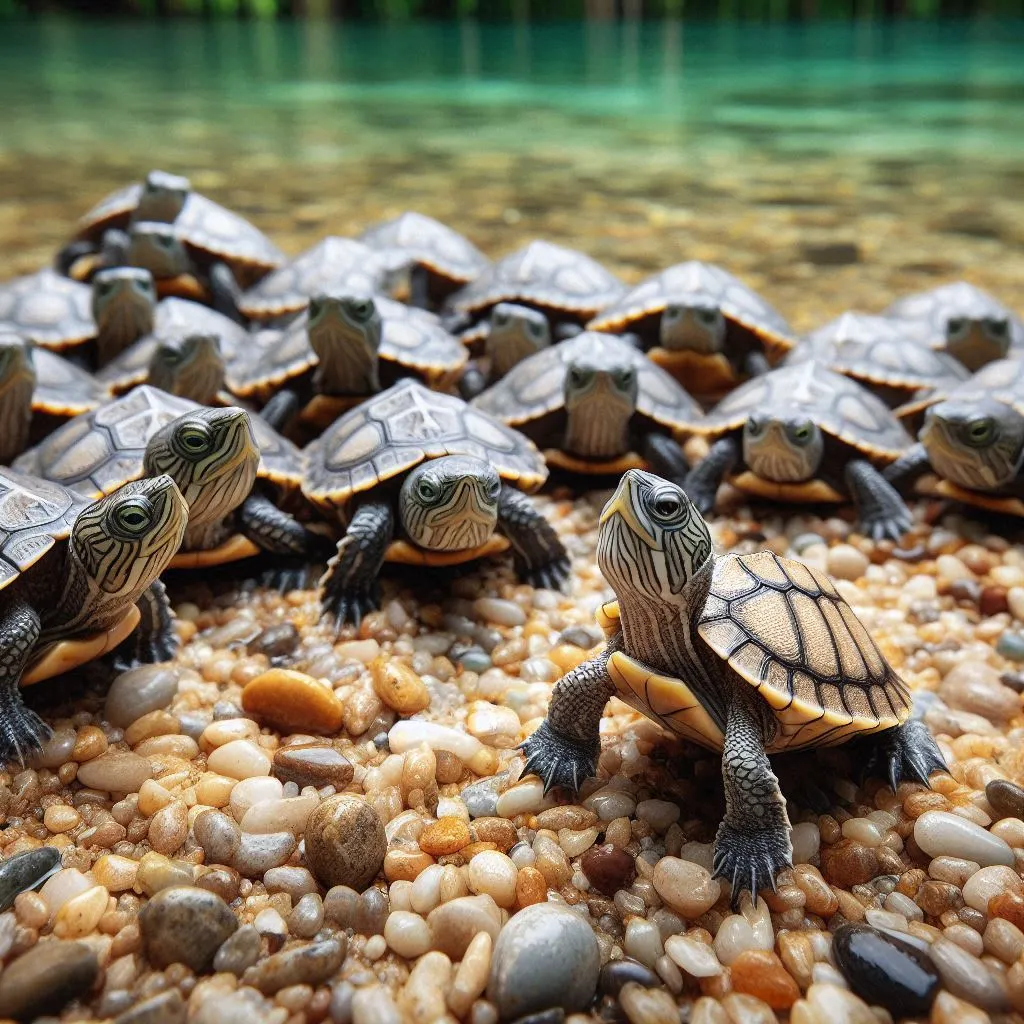 a group of small turtles sitting on top of a pile of rocks