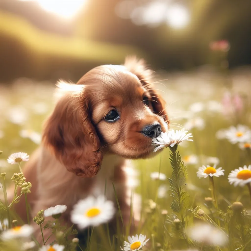 a puppy is standing in a field of daisies