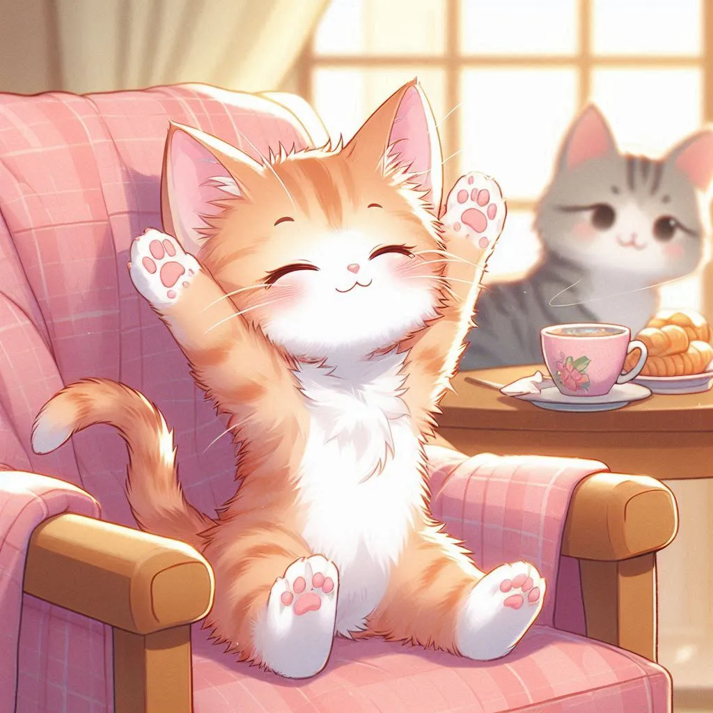 Anime kitten stretches in a chair with pleasure after waking up