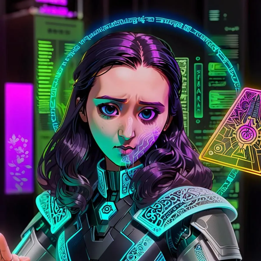 a woman in a futuristic suit holding a deck of cards