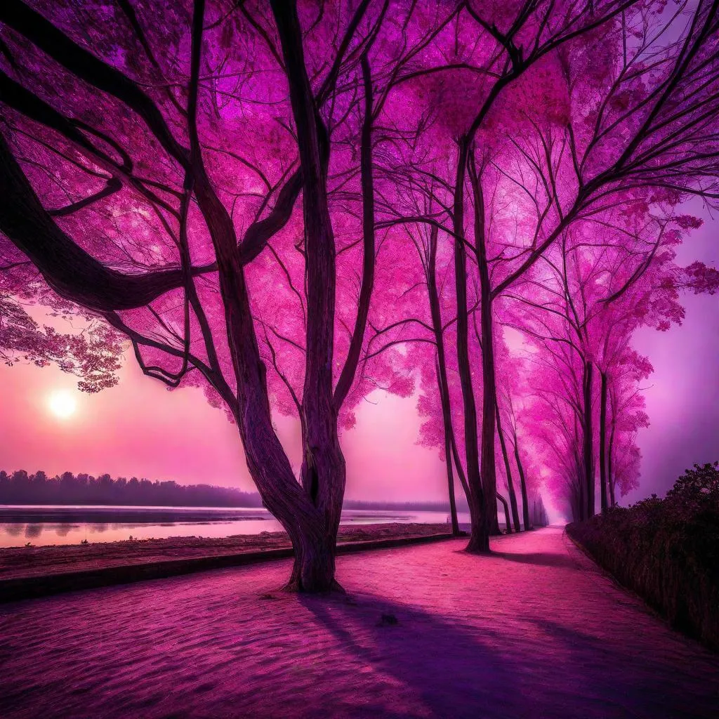 Pink sunset over a park filled with cherry blossom trees in full bloom