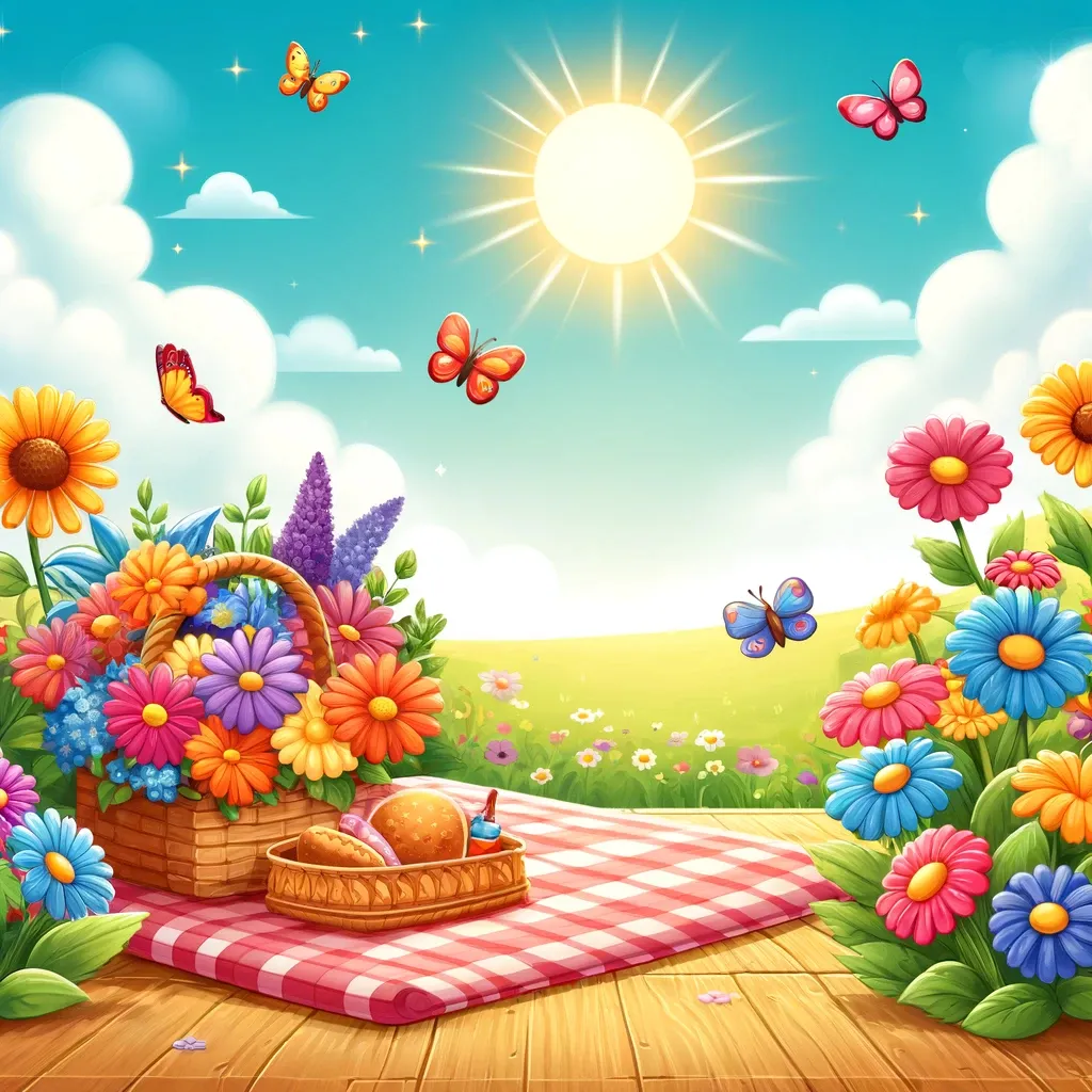 a picnic scene with a basket of food and flowers and Butterflies fluttering in the air 