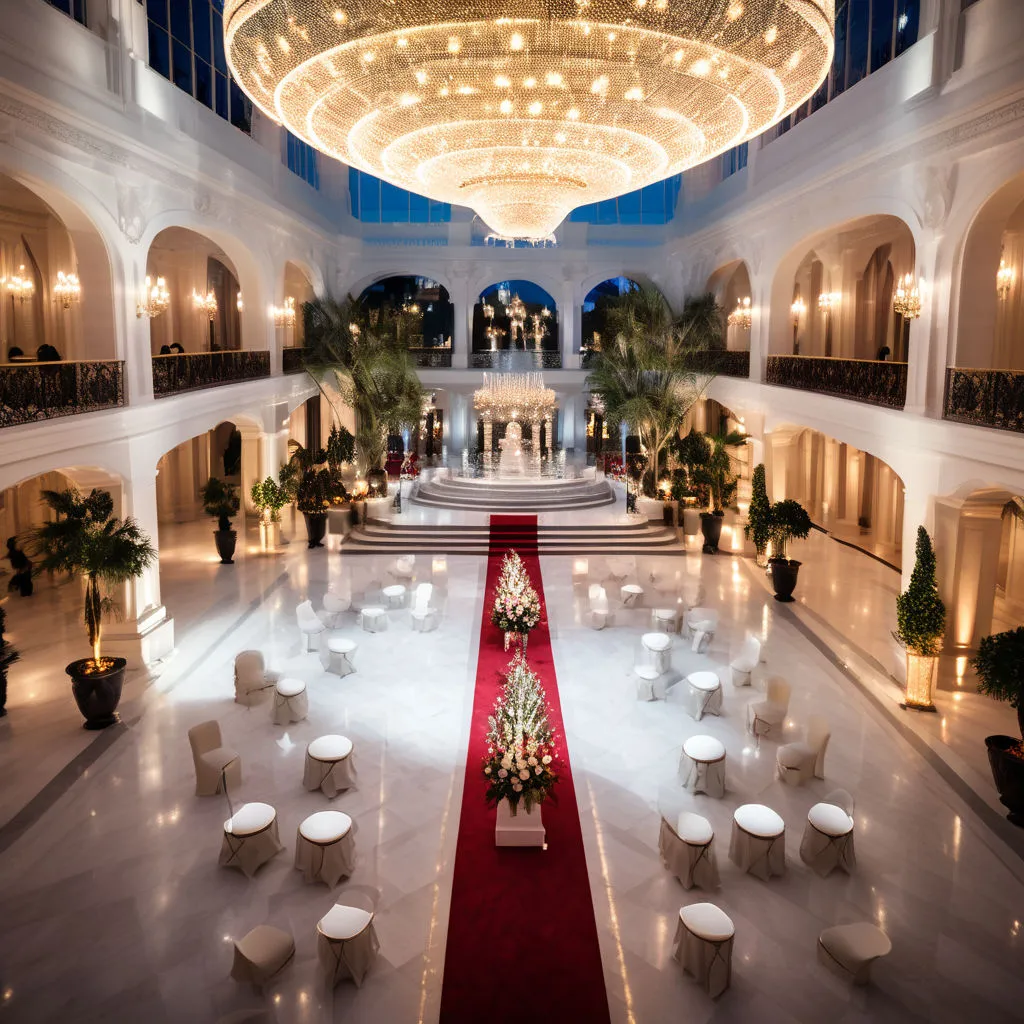 a large room with a red carpet and white chairs