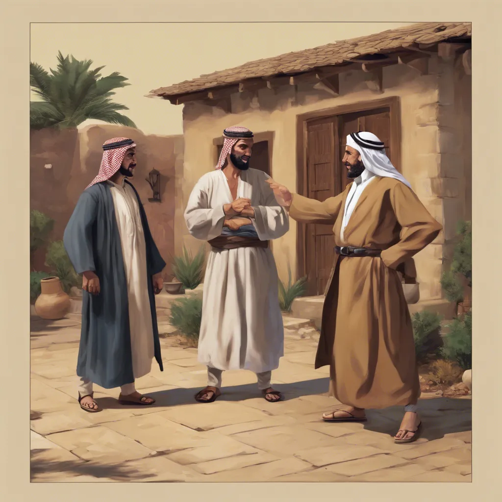 a painting of three men talking to each other. generate three characters only