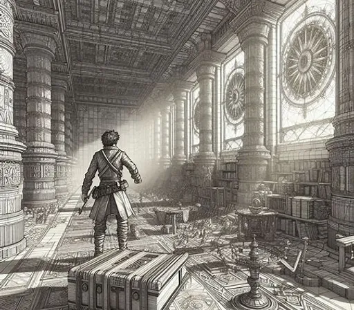 a drawing of a man standing in a large room