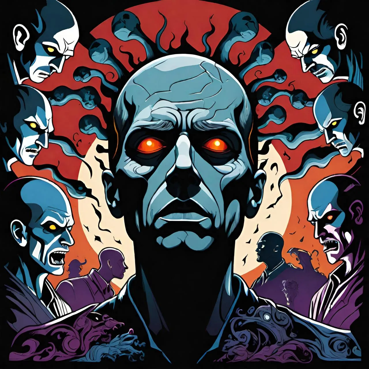 a poster of a man with red eyes surrounded by zombies