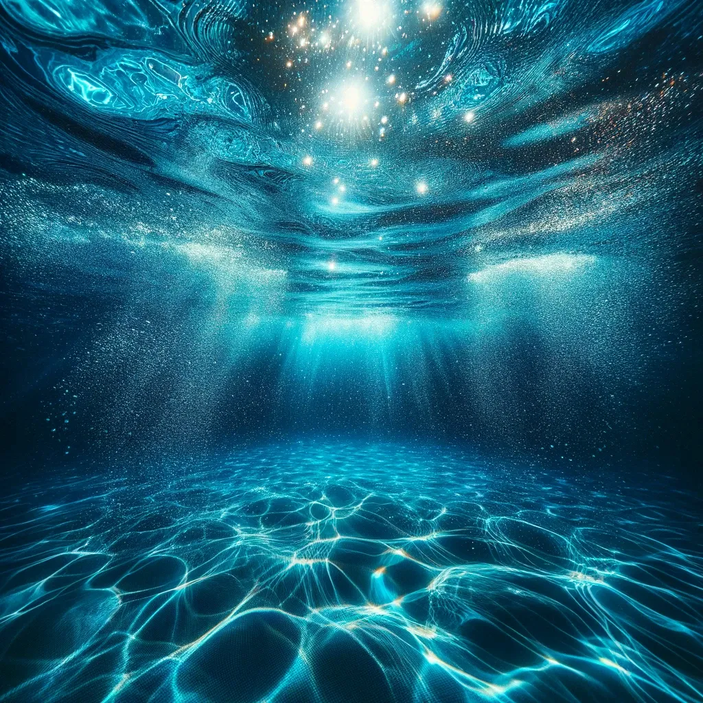 an underwater view of the ocean floor with bubbles and sunrays filtering through