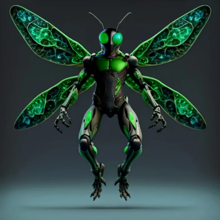 Superhero grasshopper bioarmor in flight position in black and green, in 3d with two legs and two hands 