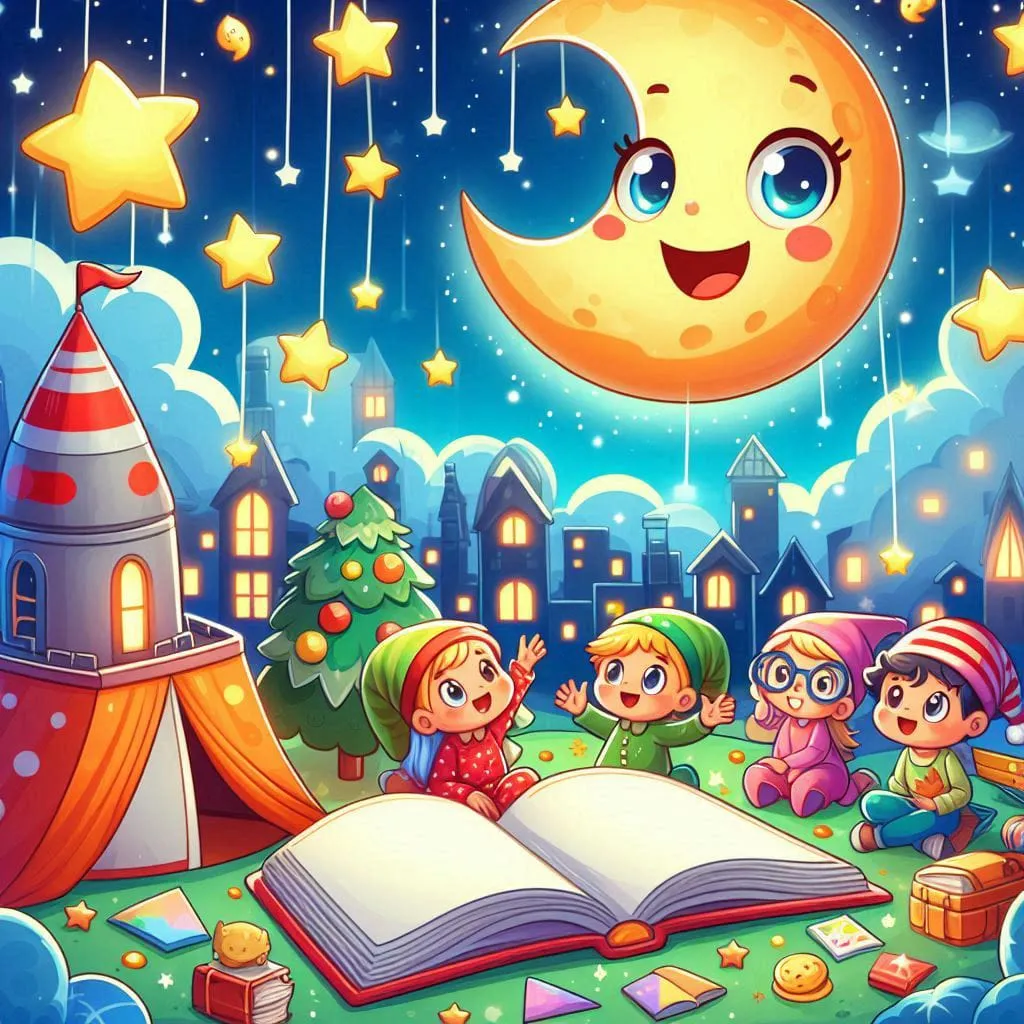 children are reading a book in front of a full moon