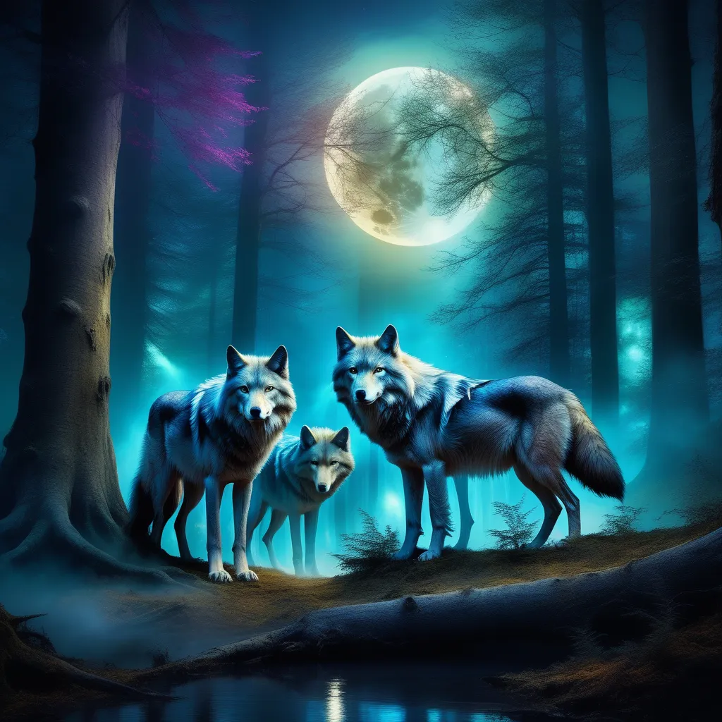 three wolfs are standing in the woods at night