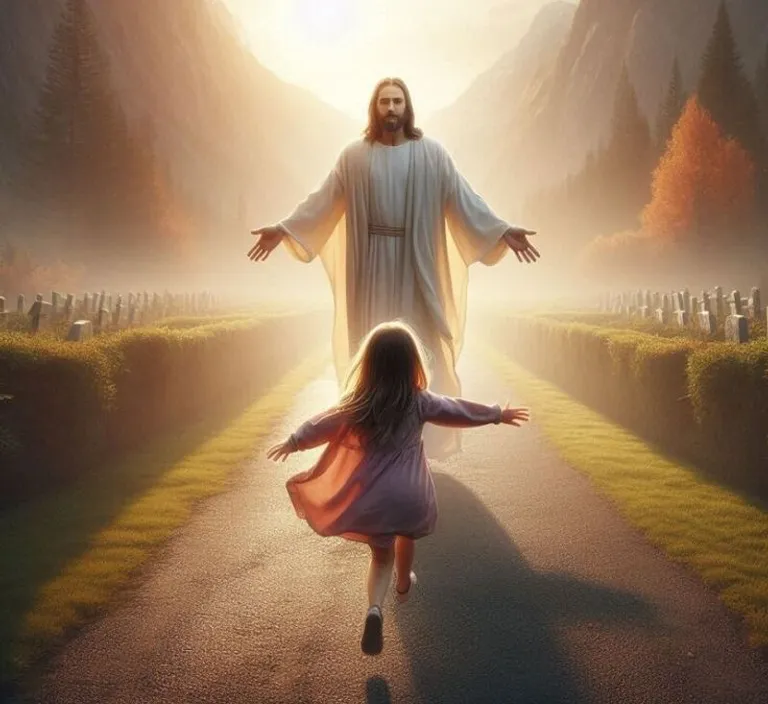 a little girl running down a road towards a jesus statue