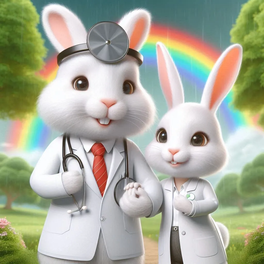 a couple of rabbits dressed as doctors standing next to each other