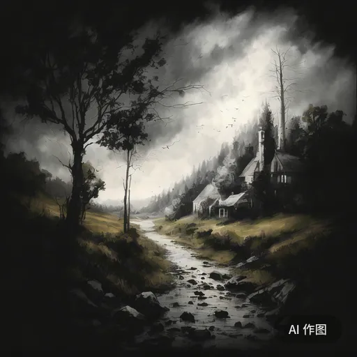 a painting of a house in the woods