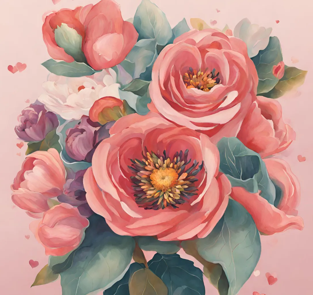 a painting of a bouquet of flowers on a pink background