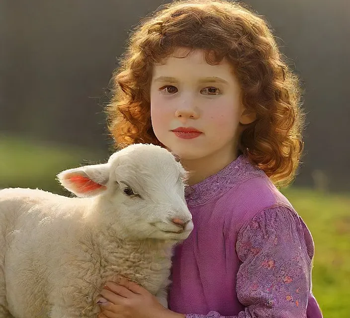 a young girl holding a lamb in a field