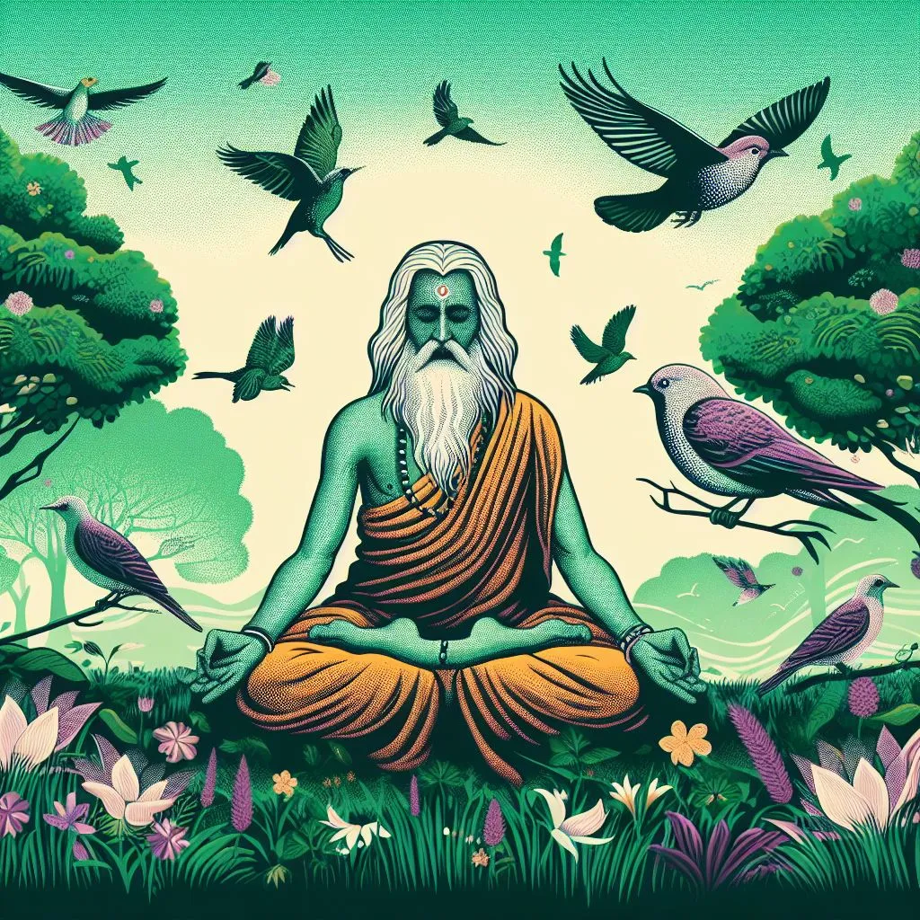 a meditator sitting in the middle of a forest surrounded by birds