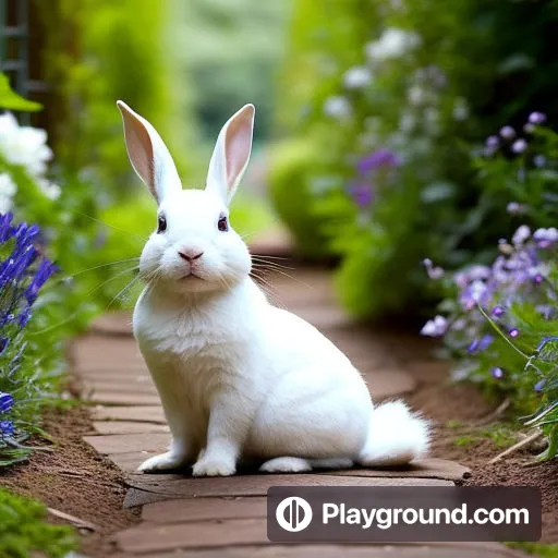 a white rabbit sitting in the middle of a garden