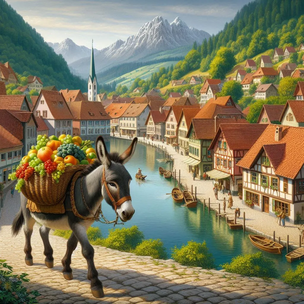 a painting of a donkey carrying a basket of fruit