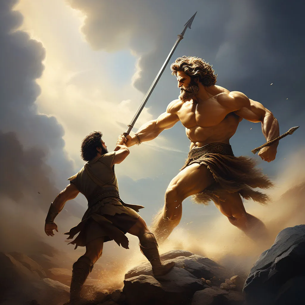 a painting of two men fighting over a rock